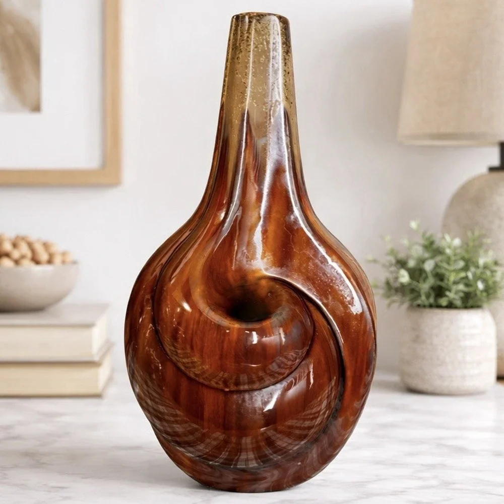 Large Sculptural Pottery Vase Brown Drip Glaze Swirl Abstract Art MCM Style 14